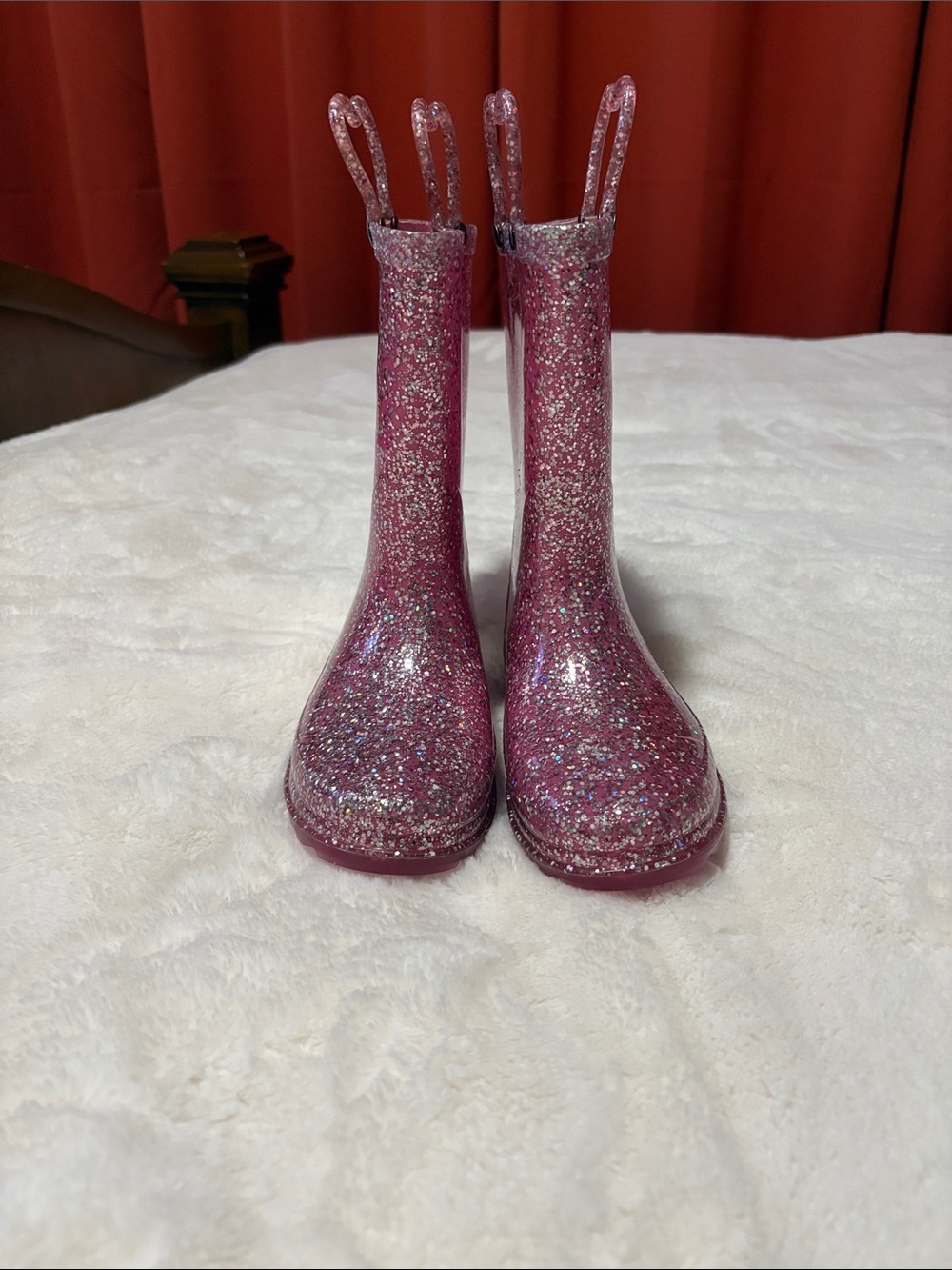 Girl's Sparkle Pink Waterproof Rain Boots with Easy Pull Loops